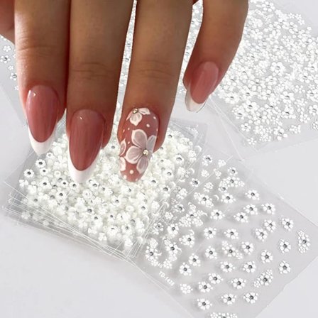 30 Ark Hvide Blomster Neglekunst Stickers, Hvide Blomster med Rhinestones Designs Negle Dekaler 3D Selvklæbende Negle Sticker