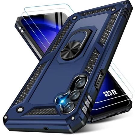 Etui til Samsung Galaxy S23 FE, marineblå + 2 hærdede briller, stødsikkert anti-ridse hårdt etui (ikke til S23)