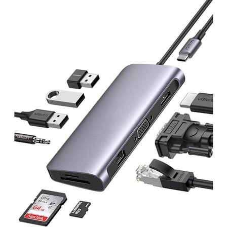 10-i-1 Usb C Dongle Ethernet Dockingstasjon Med 4k Hdmi Vga 100w Strøm, Usb C Multiport Adapter