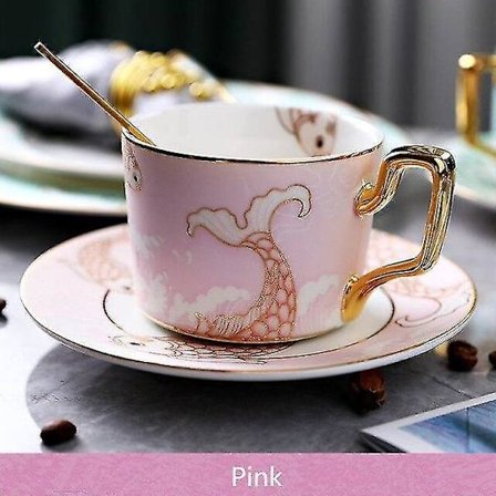 Keramisk kaffekopp og tallerkensett, luksuriøs blomster-tekopp med skje