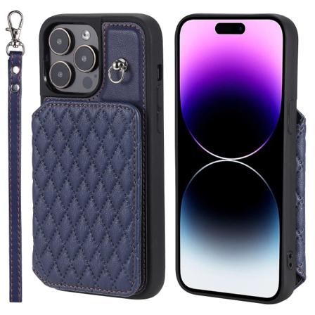 Phone case för Iphone 15 Pro Max Rfid Blocking Pu Läderbelagd TPU-skal med handledsrem Blue