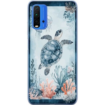 Yhteensopiva Puhelinkuori Xiaomi Redmi Note 9 4G Akvarellimaalaus merikilpikonna korallien ja meduusojen joukossa rauhallisessa sinisessä vedenalaise