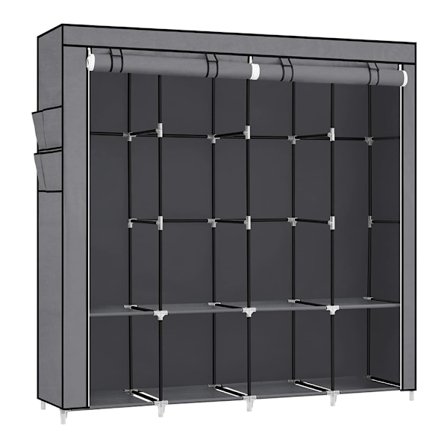 Portabel garderob med klädstång och hyllor - Grå