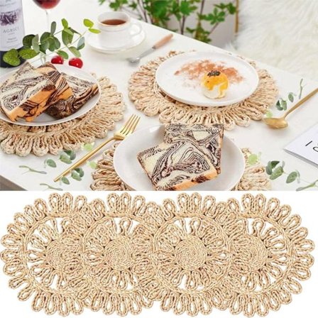 Sett med 4 runde vevde brikker for spisebord, 30 cm, små naturlige flettede rottingbrikker, hule kurvbrikker