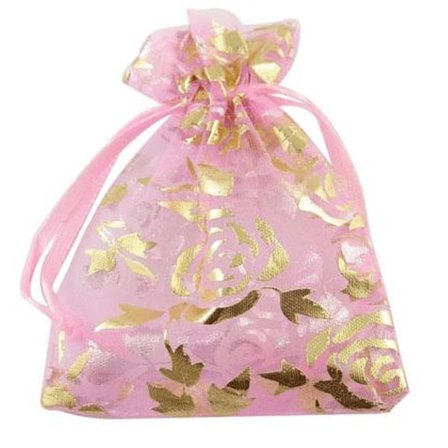 10 st. Organza påsar c.a 7x9 cm. Rosa med guld blommor