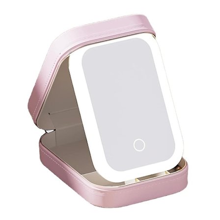 Toiletbord med spejl og justerbar LED-belysning i tre farver, LED-sminkespejl, kosmetisk opbevaringsboks, højkvalitets smykkeskrin, rosa Y