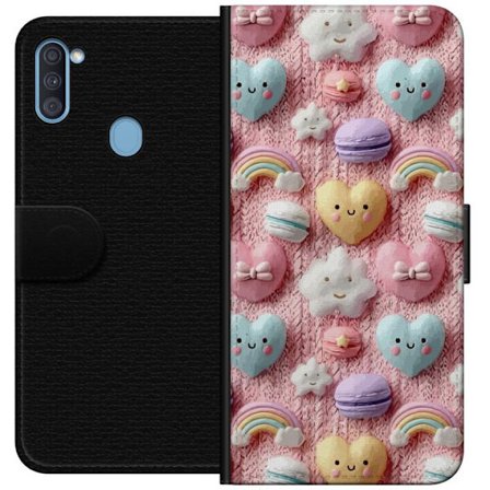 Yhteensopiva Lompakkokotelo Samsung Galaxy A11 Pastellimotiiivi sydämillä, pilvillä, sateenkaarilla ja makaronseilla vaaleanpunaisella taustalla suloi