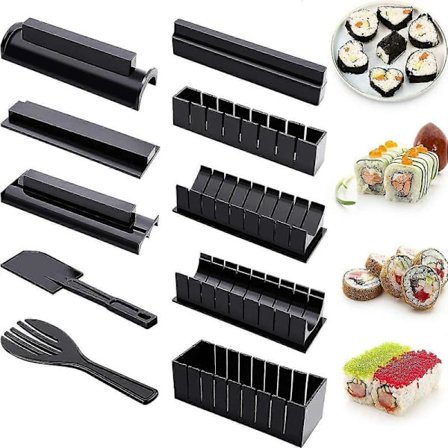 Sushi-set för nybörjare - 10 delar i plast - Komplett med 8 formar för sushiris, gaffel, spatel, DIY-verktyg för sushi hemma