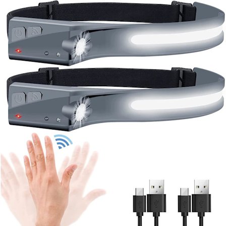 2 st återuppladdningsbara pannlampor, LED-pannlampa ficklampa 230 bred strålkastare med rörelsesensor vattentät 5 lägen hjälm pannlampa lätt pannband