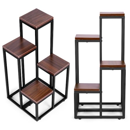 Blomsterställ, blomsterhylla, dekorationer, 4 hyllor, metall MDF, mörk valnöt ModernHome