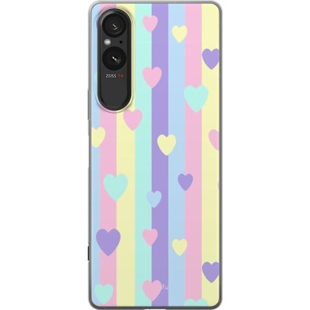 Kompatibel Mobilcover til Sony Xperia 5 V Pastelstriber i lyserød, gul, lilla og blå med spredte hjerter i blød kawaii-stil.