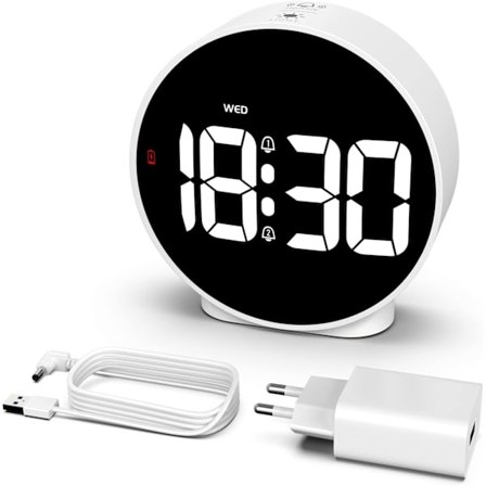 Digitaalinen herätyskello, matkaherätyskello viikonpäivänäytöllä, herätysaikataululla ja torkkutoiminnolla matkoille, makuuhuoneeseen, valkoinen