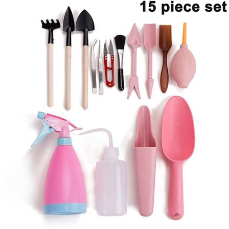 15 stk. mini havehåndværktøj planteværktøjssæt sukkulentværktøj til sukkulenter, minihaver indendørs, pink