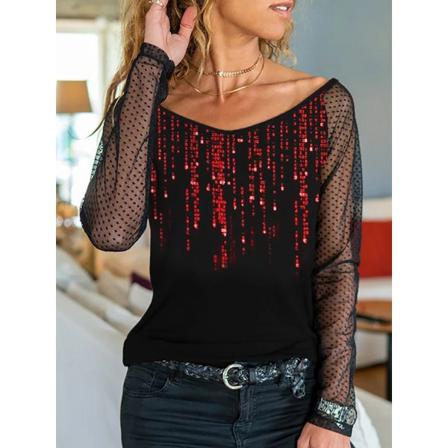 O-halsad Lös Tröja Blus Höst Elegant Print Dam T