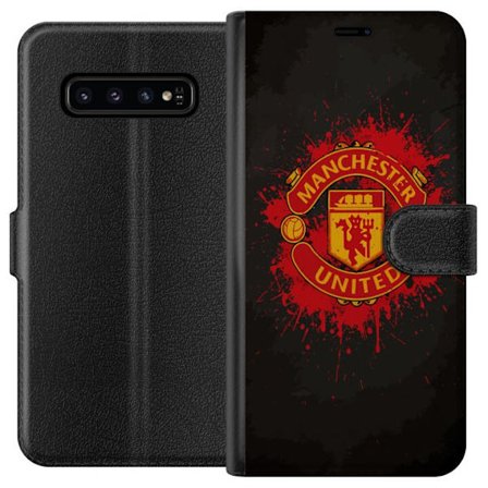 Kompatibelt Lommeboketui til Samsung Samsung Galaxy S10 Manchester United logo i rød og gul farge med røff sportslig bakgrunn