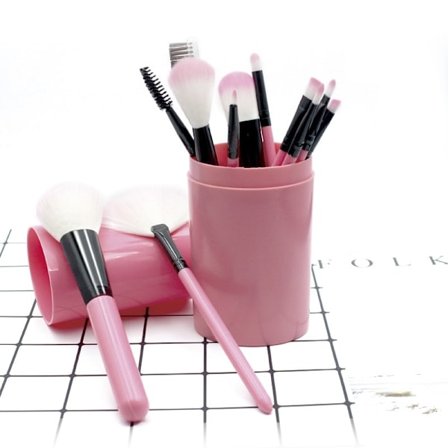 12 kosmetiska borstar i en hink, ljusrosa pulver (hink),