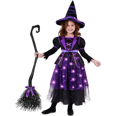 Halloween Häxa Kostym Barn, Ljusupplyst Häxklänning 140cm