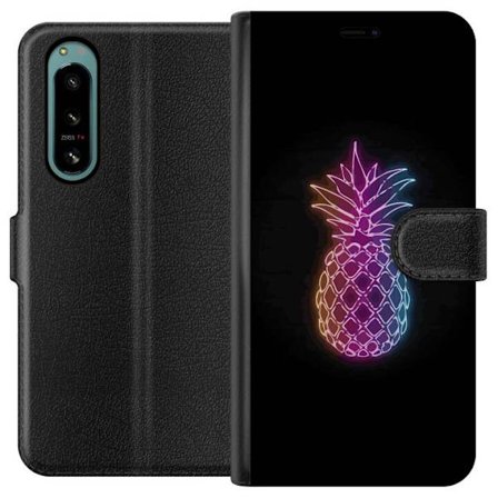 Kompatibelt Lommeboketui til Sony Sony Xperia 5 IV Neonlysillustrasjon av ananas i fargerikt lys mot svart bakgrunn