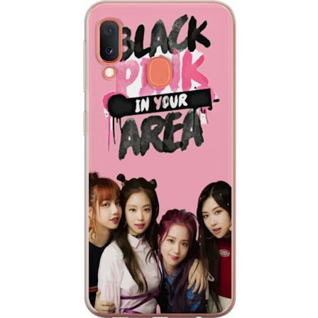 Yhteensopiva Puhelinkuori Samsung Galaxy A20e BLACKPINK In Your Area, jossa ryhmäkuva Lisa, Jennie, Jisoo ja Rosé vaaleanpunaisen taustan edessä, vahv