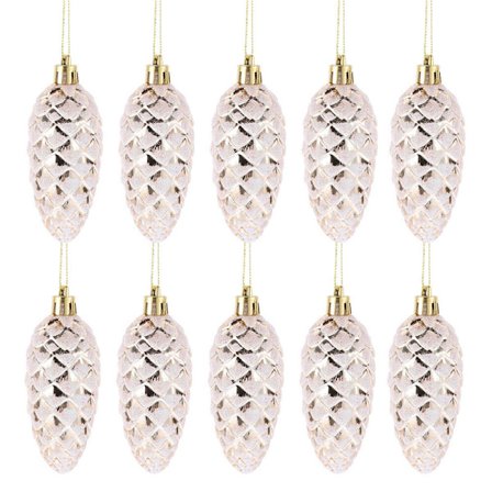 Set med 10 glitter julgranskulor - Kon - Champagne - kompatibel julgransdekoration (Champagne)