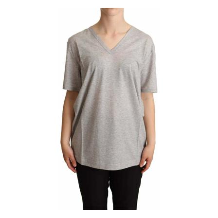 Dolce & Gabbana Gray Solid 100% Cotton V-neck Top T-shirt Grå, Dame