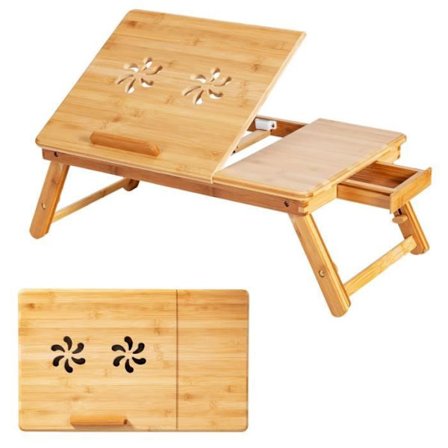 COSTWAY bærbart oversengsbord til pc og tablet termisk design, foldbart og vipbart bord med lille skuffe til morgenmad