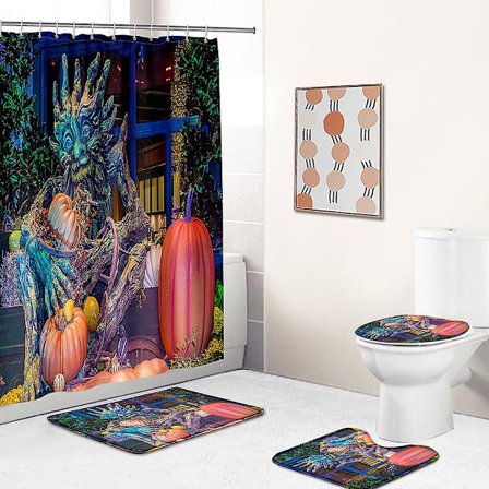 Halloween badrum duschdraperi set, Halloween 4-delad badrum set med halkfria mattor, toalettlock, badrumsmatta, duschdraperi (trädande), A