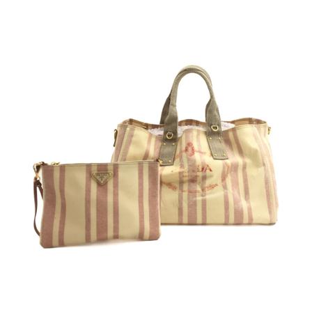 Prada Vintage, Pre-owned Large PVC Striped Logo Bag Beige, Dames, Maat:ONE Size