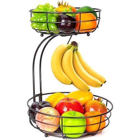 Fruktkurv, 2-etasjes fruktskål med banan, kjøkken, metallskåler perfekt for å holde frukt, grønnsaker, snacks, cupcakes