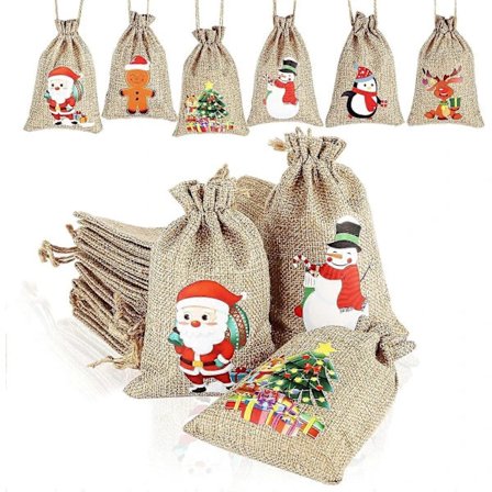 24 stk. juleposer i jute, julegaveposer i jute med snøring, snackposer, håndverksposer, godteposer
