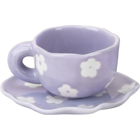 Keramisk kaffekopp med skål, 6oz/180ml Søtt lilla blomstersett - Unik uregelmessig design for Latte, te og melk, perfekt for hjemmet,