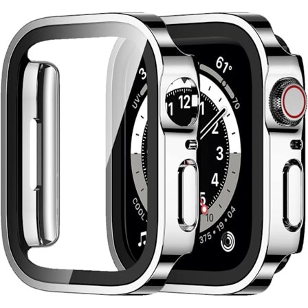 2-pak Apple Watch - deksel 44 mm Serie 6/5/4 med innebygd skjermbeskytter, hardt PC-deksel Rett kant Anti-ripe ripebestandig 44 mm (sølv)