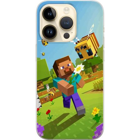 Kompatibelt Mobildeksel til Apple iPhone 14 Pro Minecraft Steve med søppelbøtte i fargerik blokkverden leken spillillustrasjon fra Minecraft universet