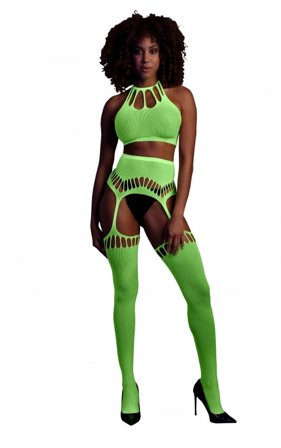 Shots: Green Two Piece with Crop Top and Stockings - Vuxen: Lingerie & undertøy
