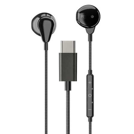 Trådbundna hörlurar för Huawei/Samsung med USB-C-kontakt, in-ear, inbyggd fjärrkontroll, mikrofon, svart