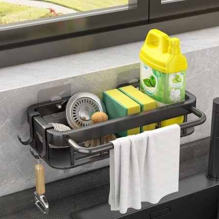 Køkkenvask Svampeholder, Rustfrit Stål Vask Organizer, med Håndklædeholder og 2 Kroge til Køkken og Badeværelse (Sort)