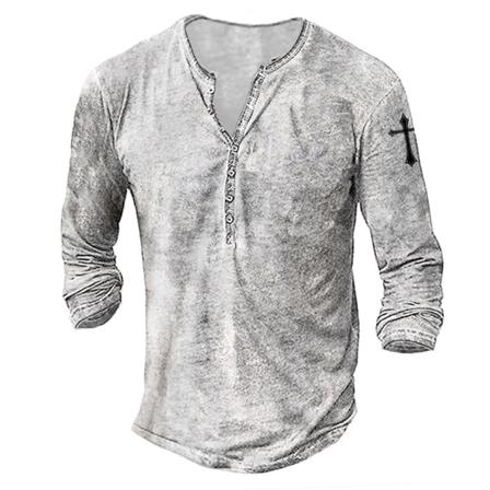 Enfärgade Knappar För Män Toppar Långärmad Henley Neck T-shirt