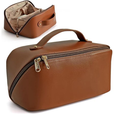 Kosmetikkveske med stor kapasitet, kosmetikkoppbevaringsveske med håndtak, bærbar kosmetikkveske med glidelås, toalettmappe Brun