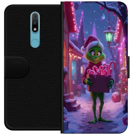 Kompatibelt Lommeboketui til Nokia Nokia 2.4 Grønn, fluffy figur i juletema holder en boks med polkagriser vinterby bakgrunn perfekt for søte, farge