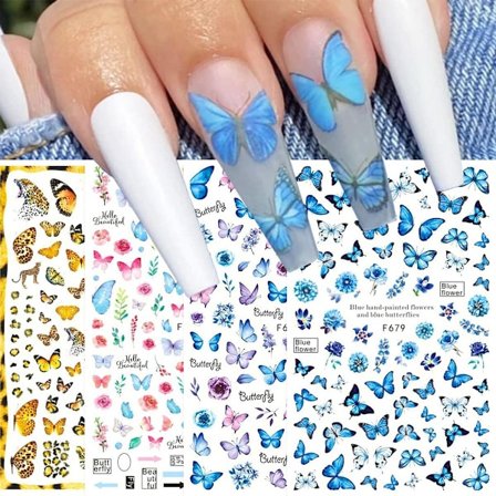 4 Ark Blå Sommerfugl Neglekunst Klistermærker Mærkater Selvklæbende Pegatinas Uñas Blå Sort Guld Sommerfugl Forår Sommer Design Manicure Tips 