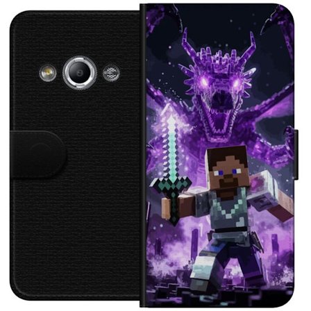 Kompatibelt Lommeboketui til Samsung Galaxy Xcover 3 blokkbasert heltfigur med sverd foran lilla krystall-drage, dramatisk fantasi, piksel-estetikk og