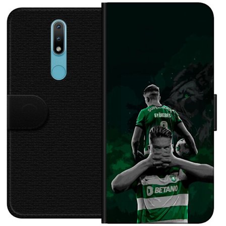 Yhteensopiva Lompakkokotelo Nokia 2.4 Neonmotiivi, jossa teksti "Gaming is in my DNA" sinisenä ja punaisena tiiliseinällä, jossa loistava DNA-spiraali