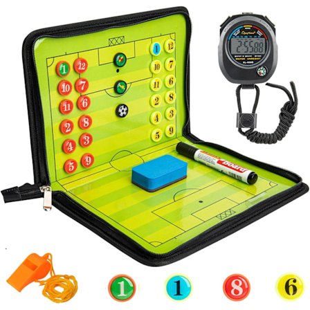 Nostettava taktiikkataulu jalkapalloharjoitteluun - Magneettiset shakkinappulat, erotuomarin pilli, sekuntikello - Sisältää sienen