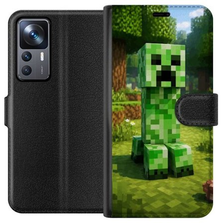 Kompatibelt Plånboksfodral till Xiaomi Xiaomi 12T Pro Block-baserad Creeper-figur i en grön pixell värld, ikonisk spelillustration för barnrum, ga