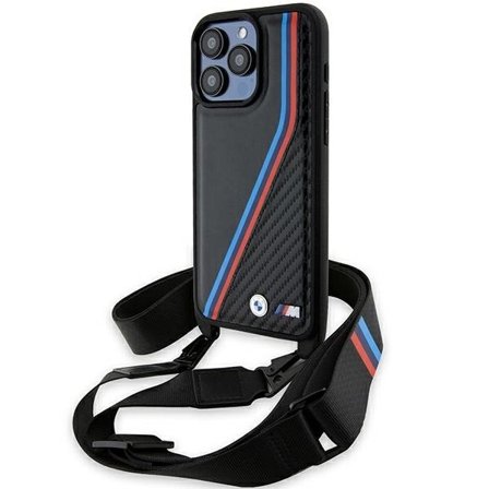 BMW M Edition Carbon Tricolor Lines & Strap-etui for iPhone 15 Pro - svart
