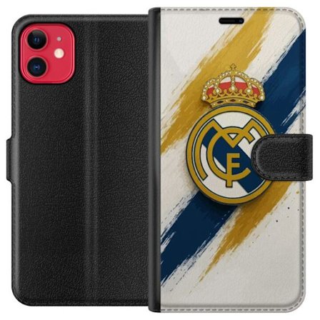 Apple iPhone 11 Tegnebogsetui Real Madrid-emblem på hvid blå og gylden baggrund, stilfuldt sportsdesign perfekt til spanske fodboldfans og elegante