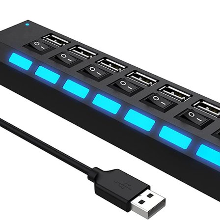 7-portars USB 2.0-hubb med individuella switchar och lysdioder, USB