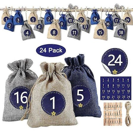 24 Fyllbare Adventskalender Stoffposer Adventskalender for Menn Kvinner Barn med 1-24 Klistremerker Julegavepose