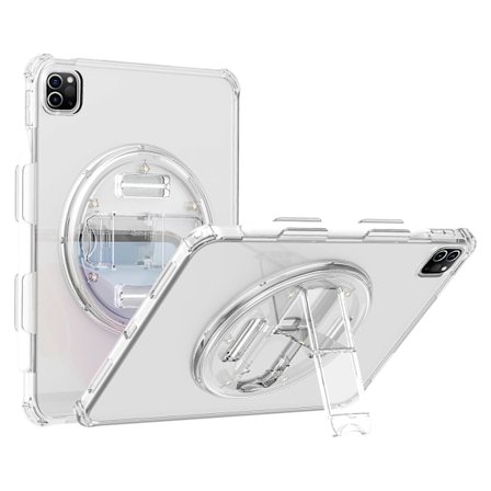 För iPad Pro 11 (2018) (2020) (2021) (2022) TPU+PC Tablet Fodral Roterande Handrem Ställ Tablet Skydd Transparent Vit