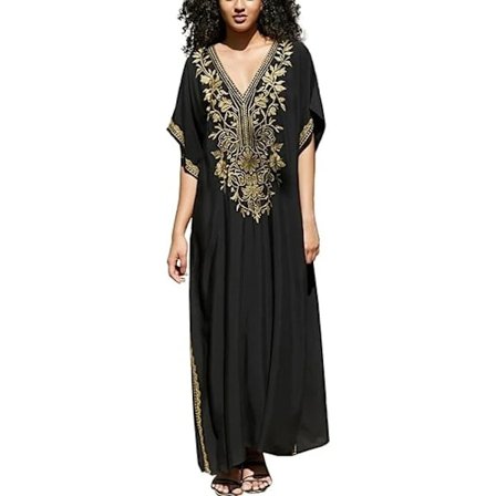 YouKD Kaftan med blomsterbroderi, boheme strandkjole, bikini-coverup, lang strandkaftan til damer
